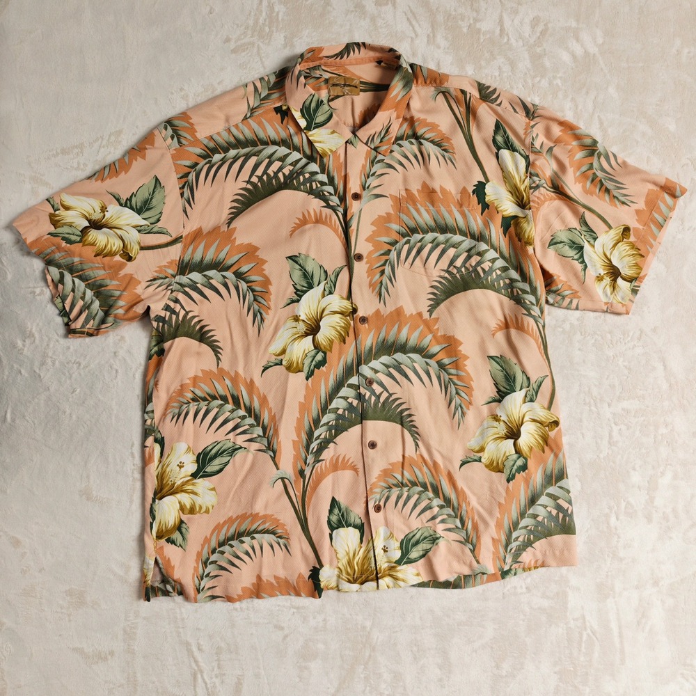 Tommy Bahama Mens XXL Silk Camp Shirt Peach Tropical Hibiscus Palm Leaf Print